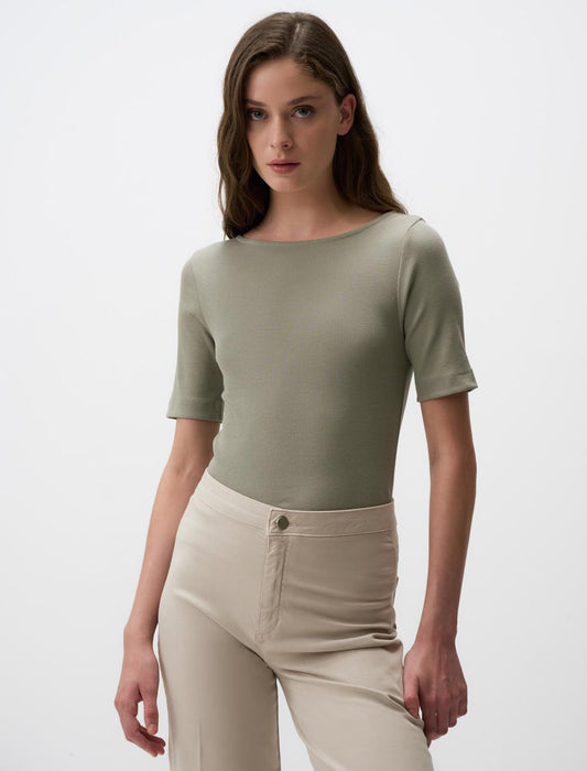 Boat Neck Slim Fit Short Sleeve Blouse