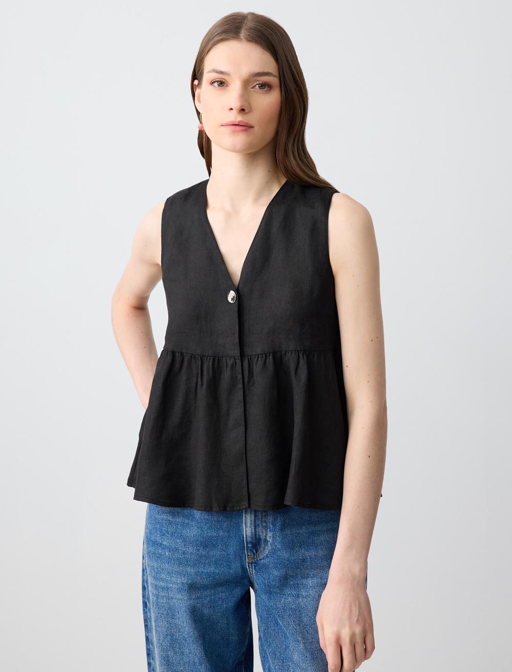 V-Neck Sleeveless-Sleeve Blouse - Black - 5SW032577900