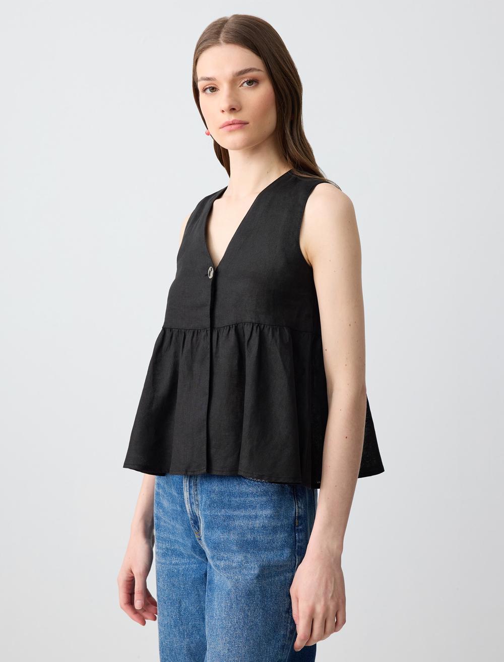V-Neck Sleeveless-Sleeve Blouse - Black - 5SW032577900