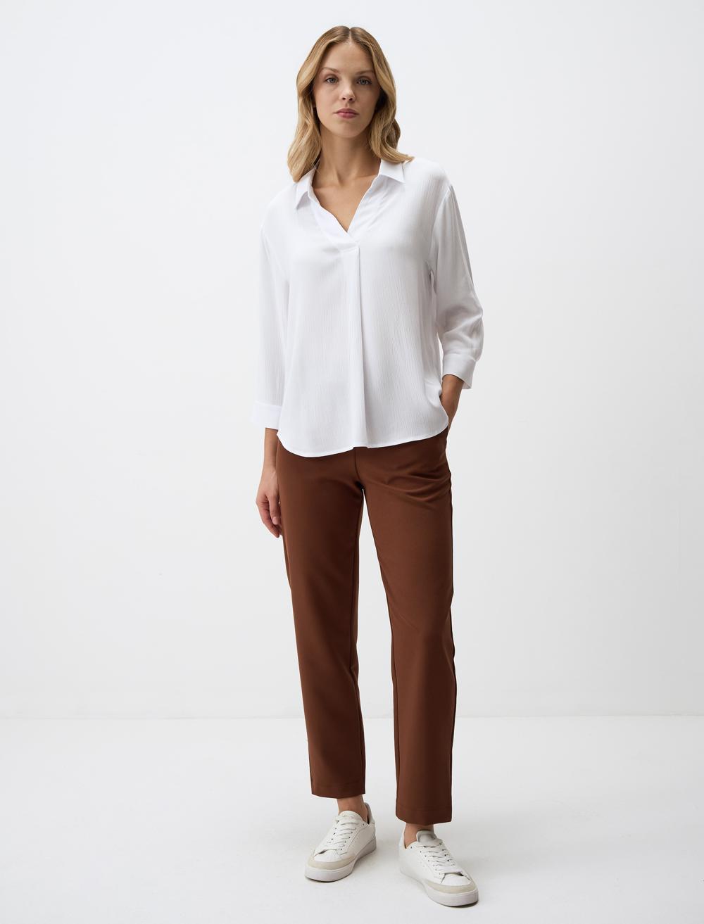 V-Neck Relaxed Fit Long Sleeve Woven Blouse