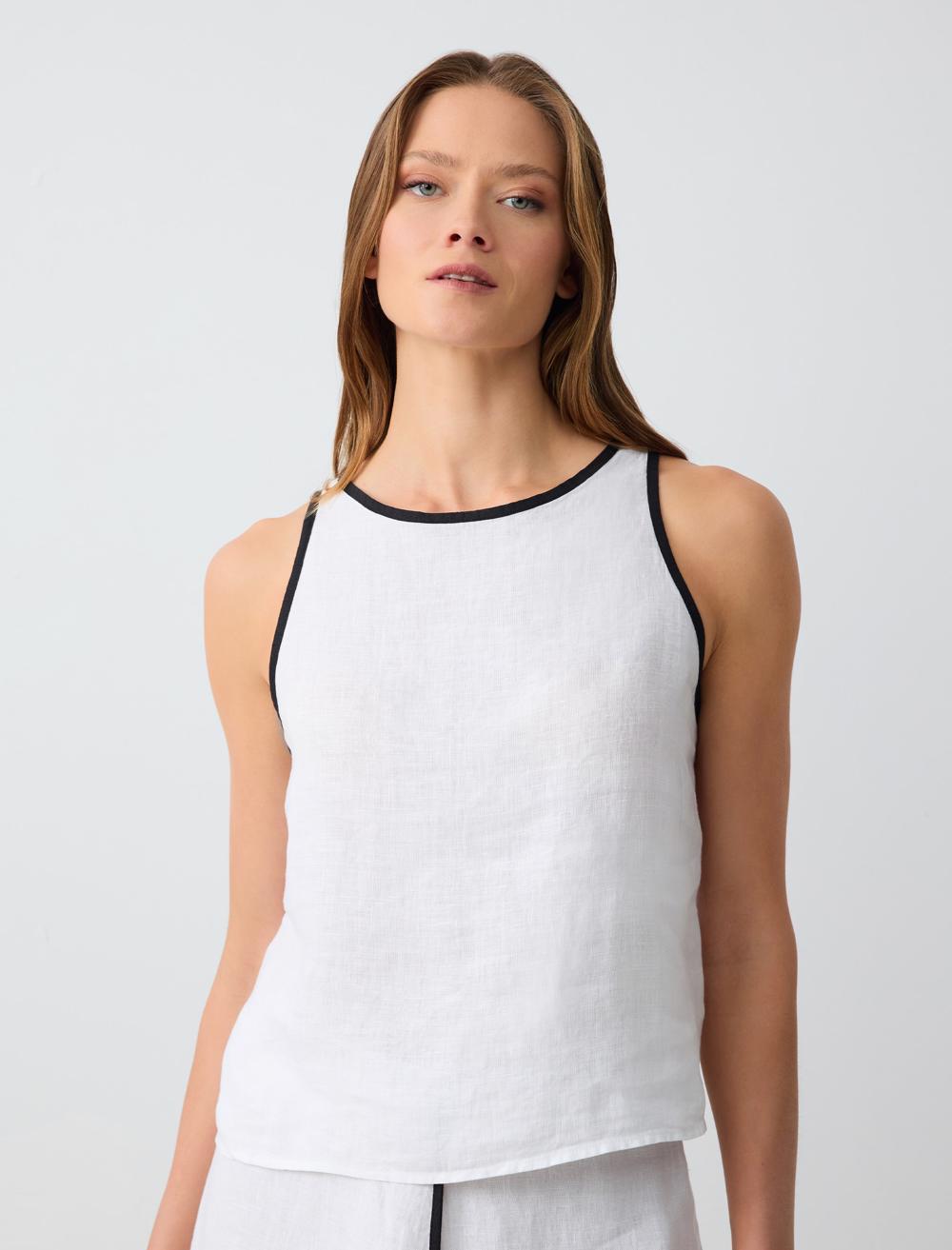 Round Neck Straight Cut Sleeveless Linen Blouse