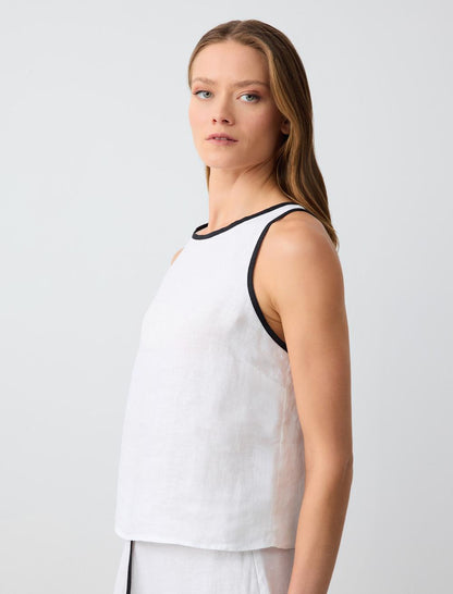 Round Neck Straight Cut Sleeveless Linen Blouse