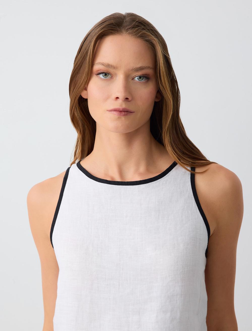 Round Neck Straight Cut Sleeveless Linen Blouse