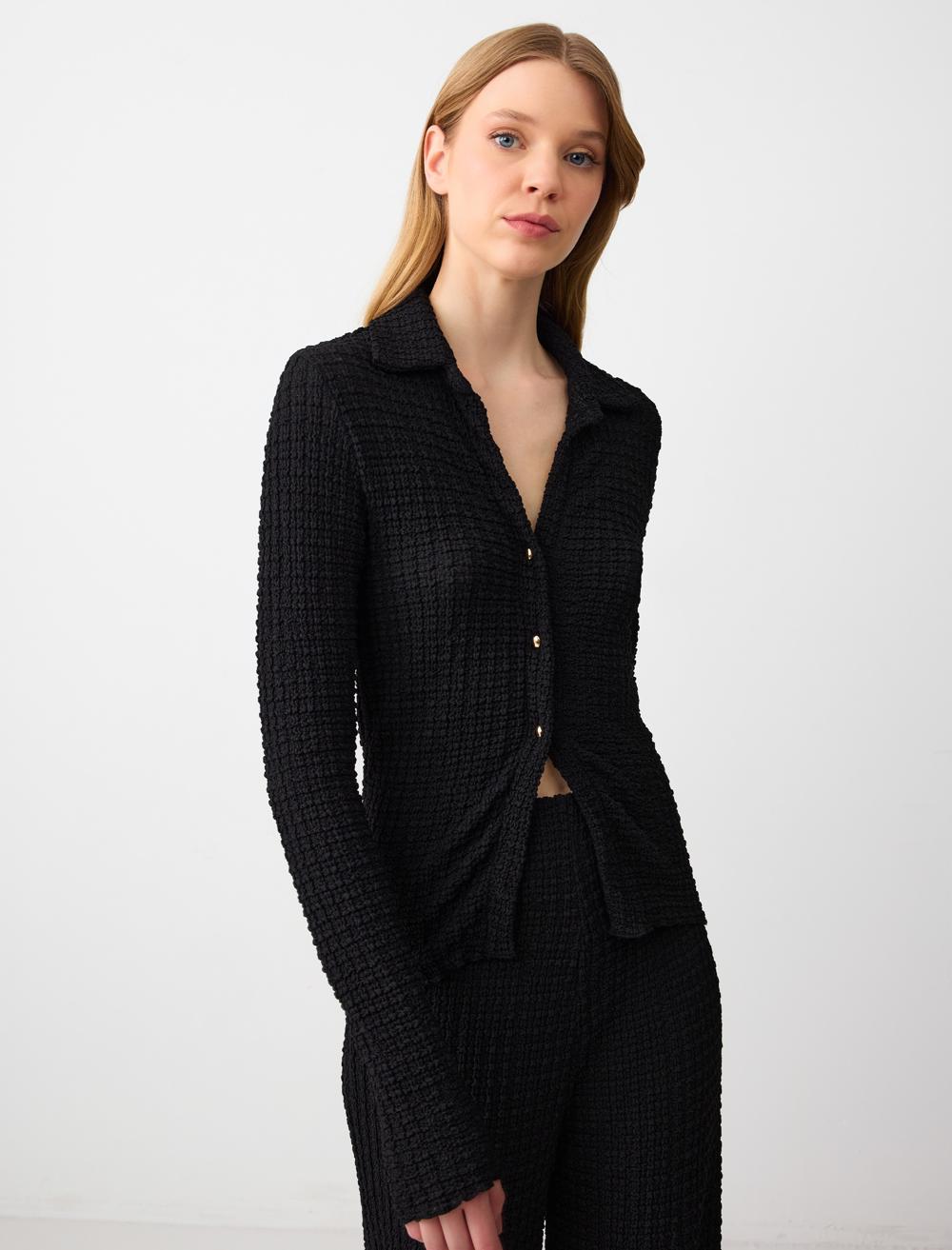 Slim Fit Shirt Collar Long-Sleeve Blouse - 5SW033038