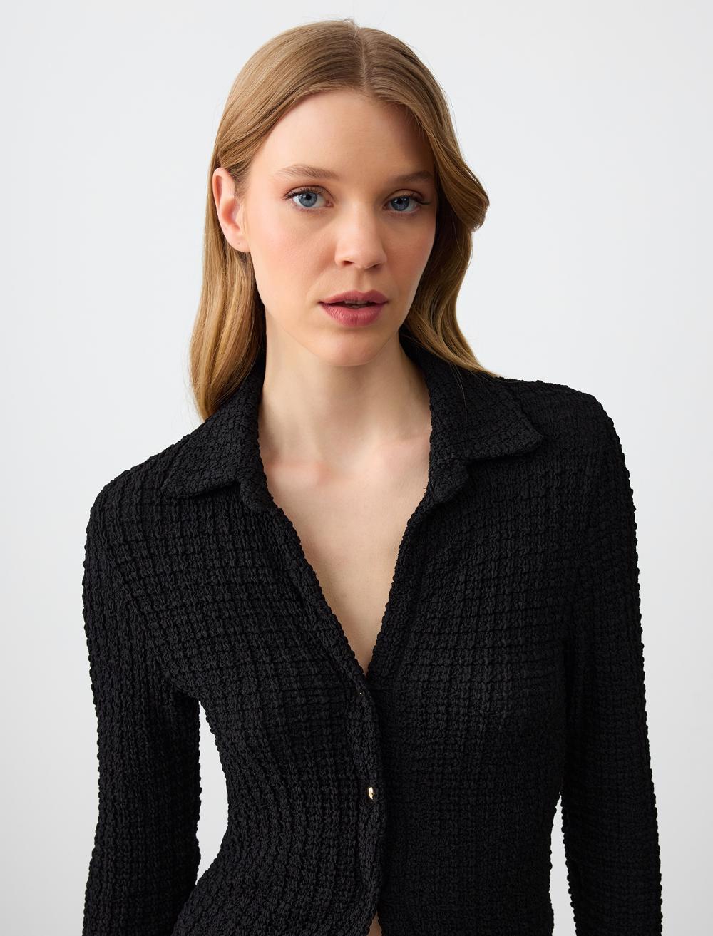 Slim Fit Shirt Collar Long-Sleeve Blouse - 5SW033038