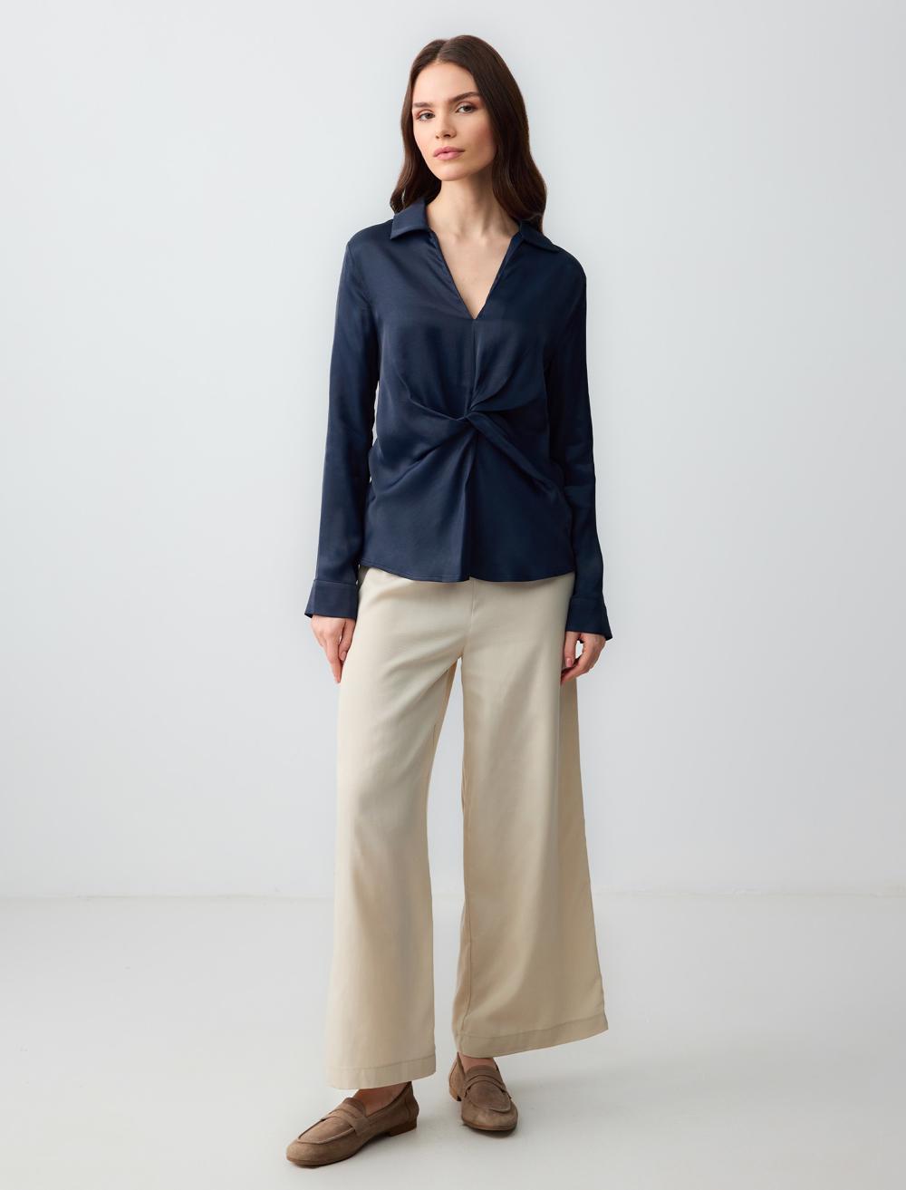 V-Neck Long-Sleeve Blouse - Blue - 5SW033630428