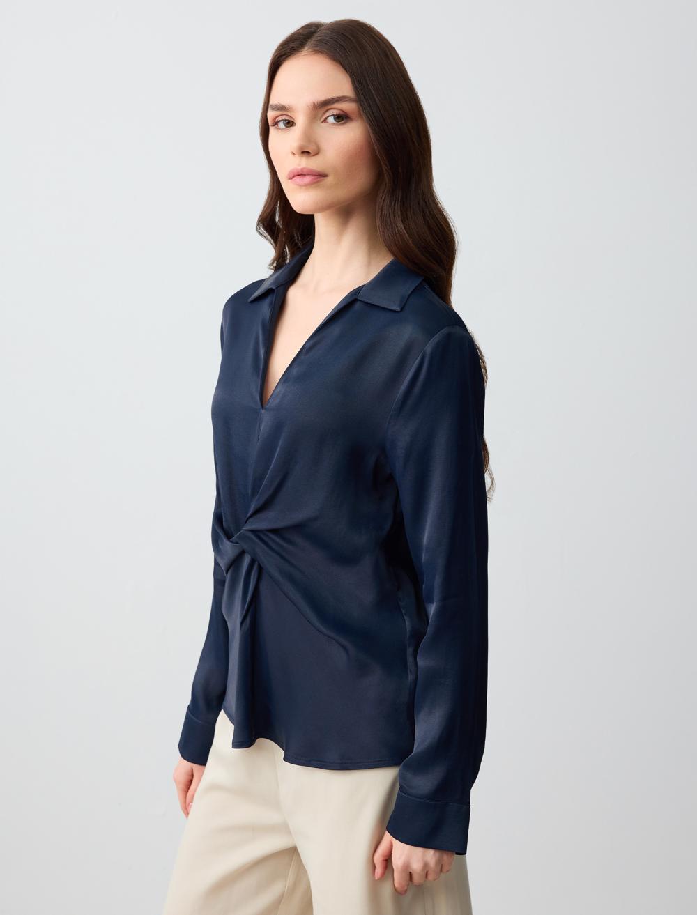 V-Neck Long-Sleeve Blouse - Blue - 5SW033630428