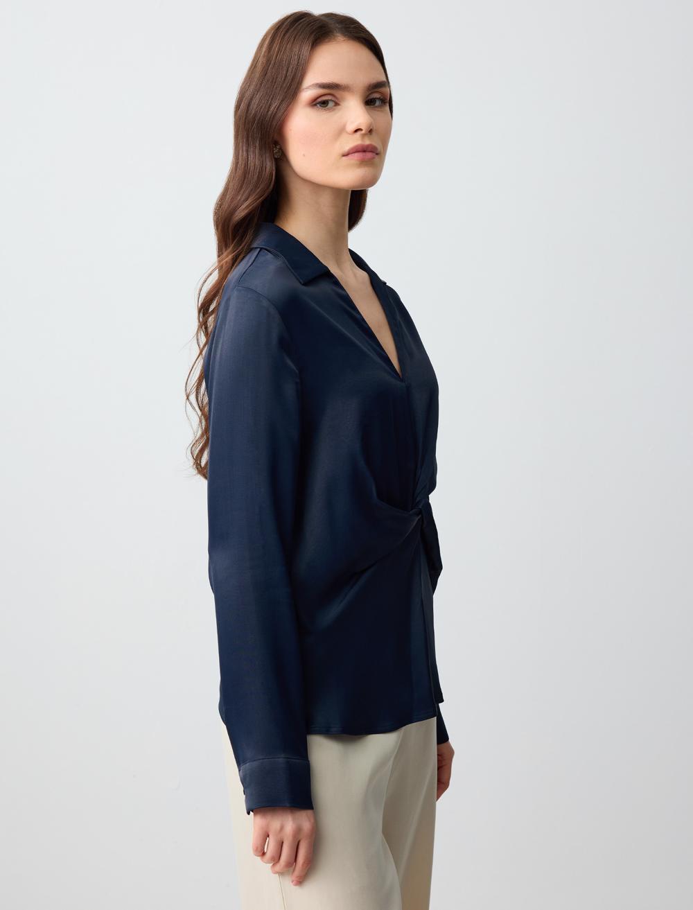 V-Neck Long-Sleeve Blouse - Blue - 5SW033630428