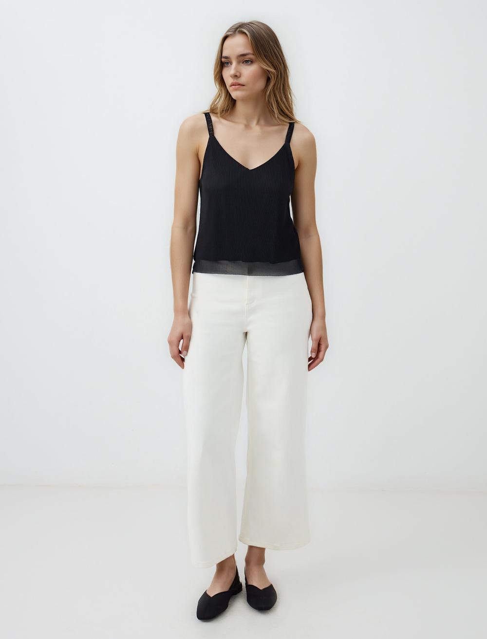 V-Neck Spaghetti Straps-Sleeve Blouse - Black - 5SW034466900