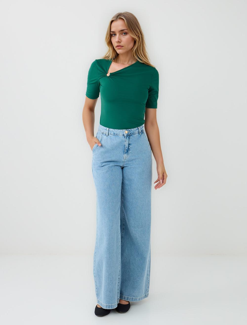 Slim Fit Short-Sleeve Blouse - Green - 5SW035376300