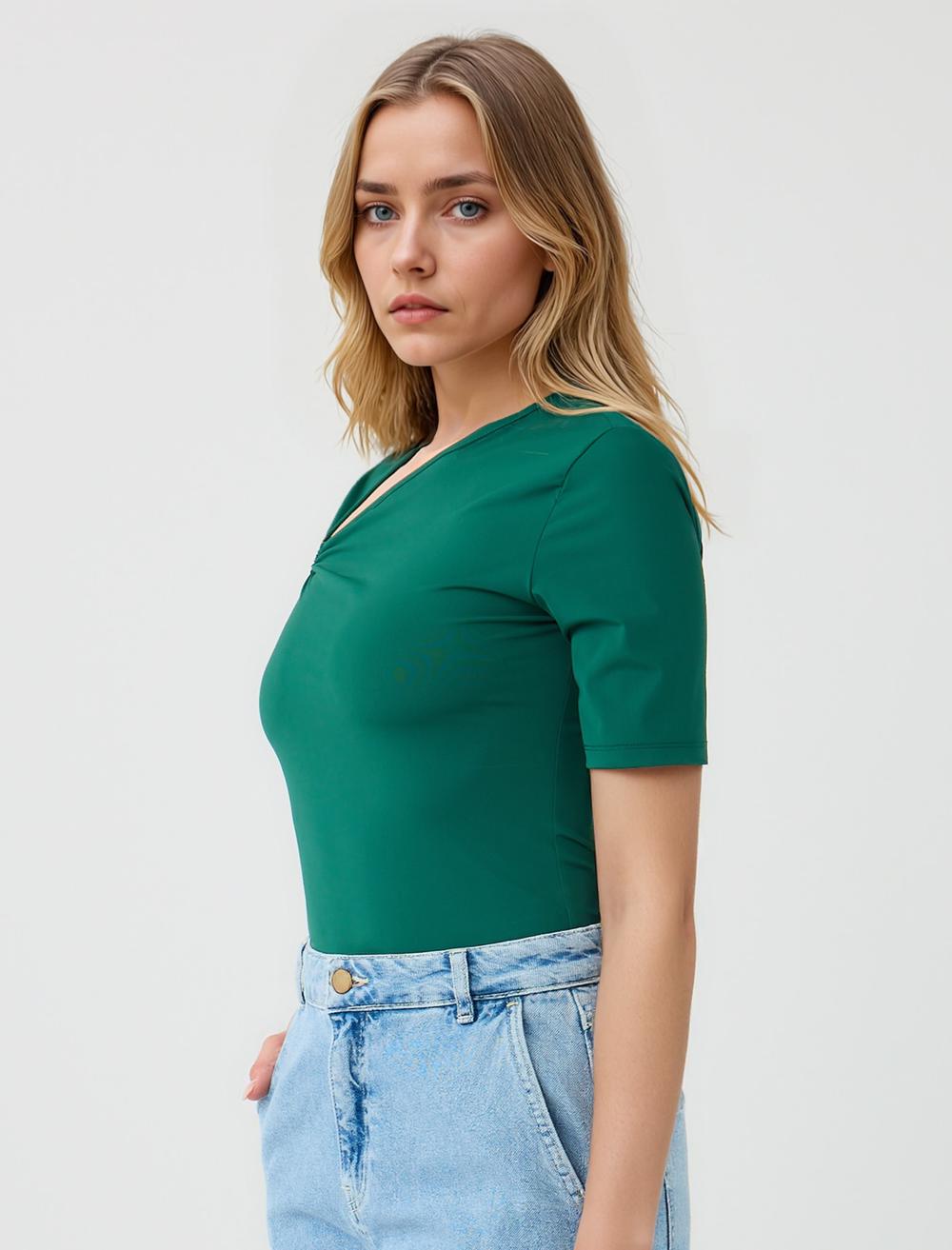 Slim Fit Short-Sleeve Blouse - Green - 5SW035376300