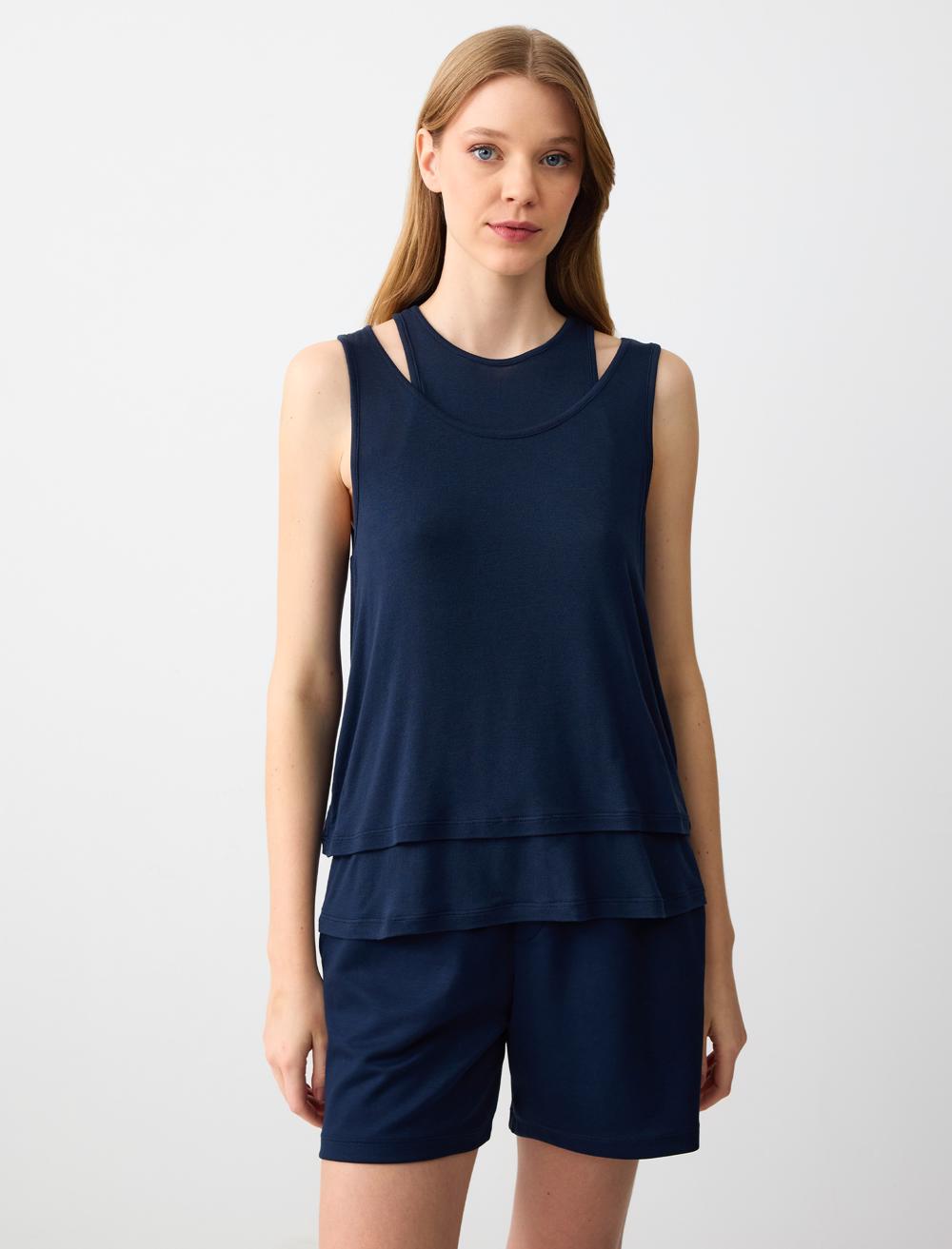 Loose Fit Crew Neck Sleeveless-Sleeve Blouse - Dark Blue
