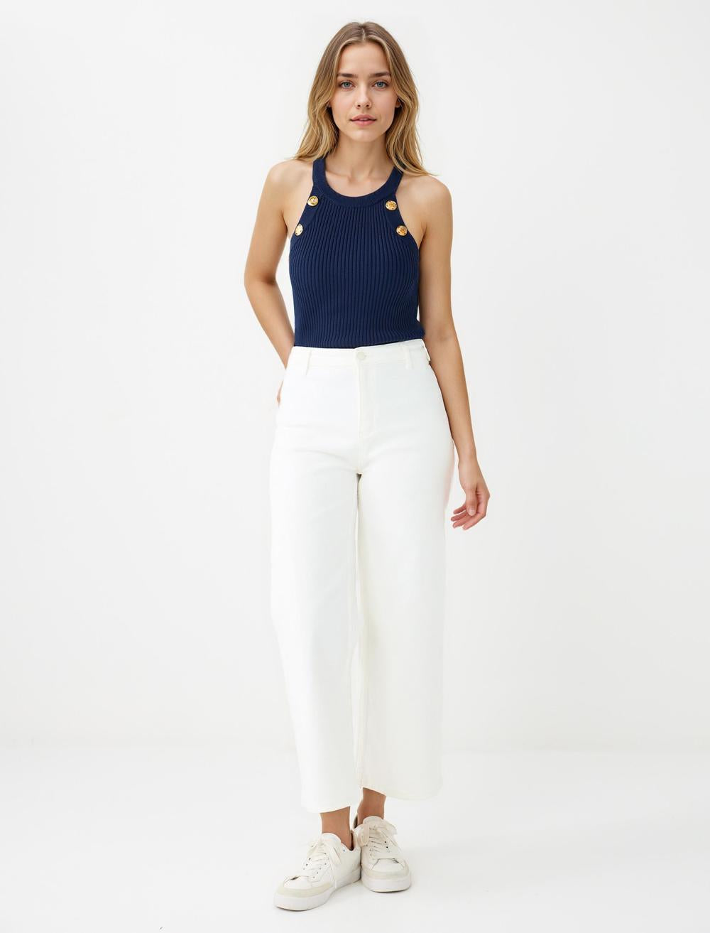 Slim Fit Sleeveless-Sleeve Blouse - Dark Blue - 5WW034169494