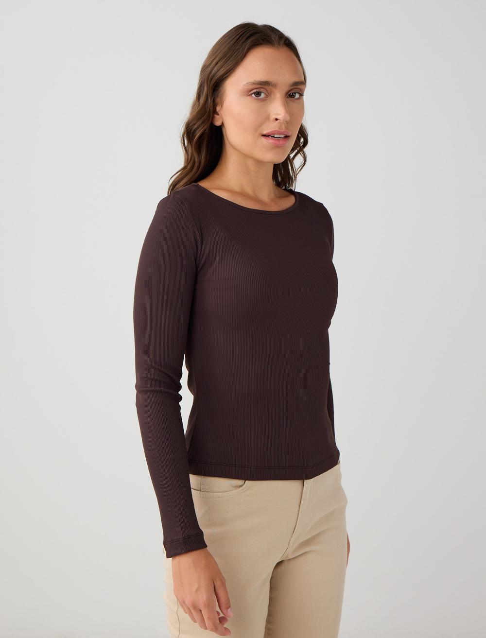 Slim Fit Off-The-Shoulder Long-Sleeve Blouse - Bitter Brown - 5WW034949803