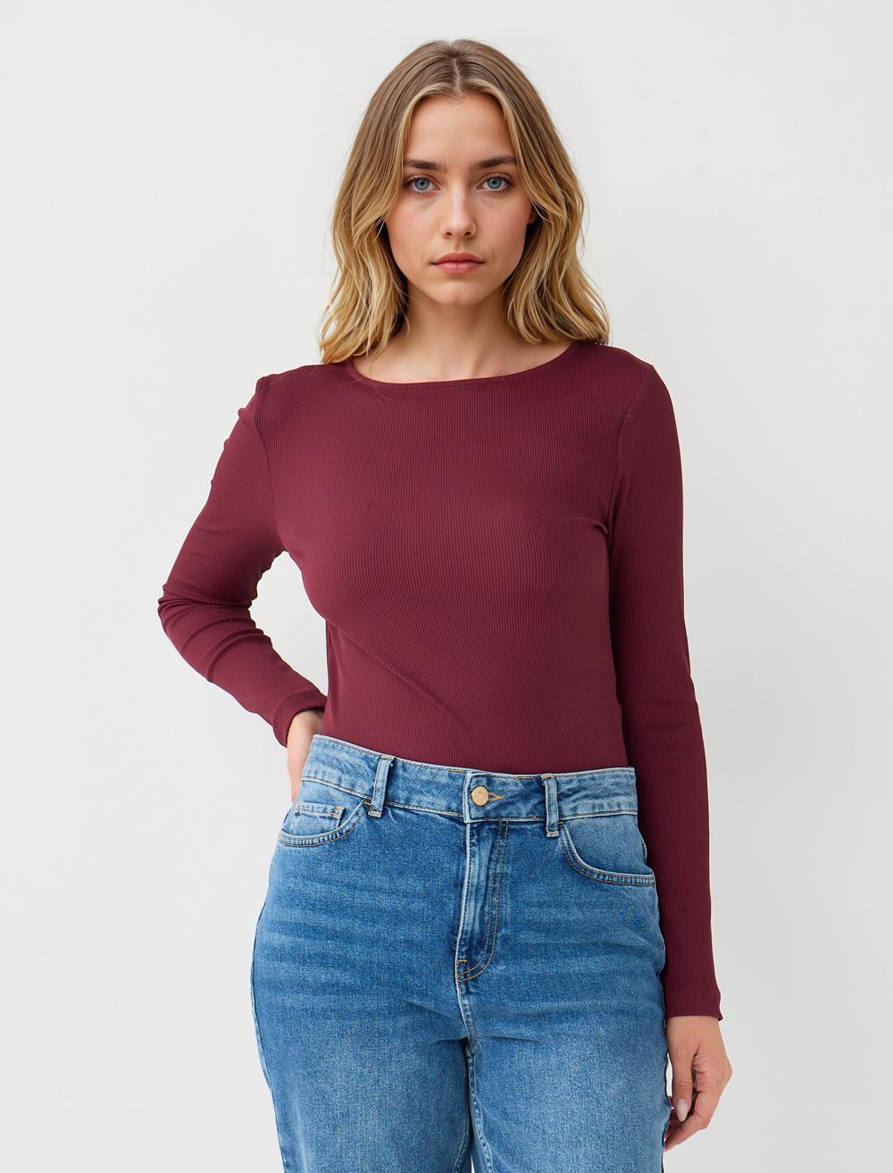 Slim Fit Off-The-Shoulder Long-Sleeve Blouse - Burgundy