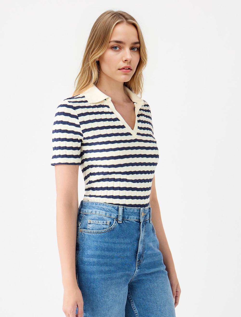 Slim Fit Shirt Collar Short-Sleeve Blouse - Dark Blue - 5WW035264494