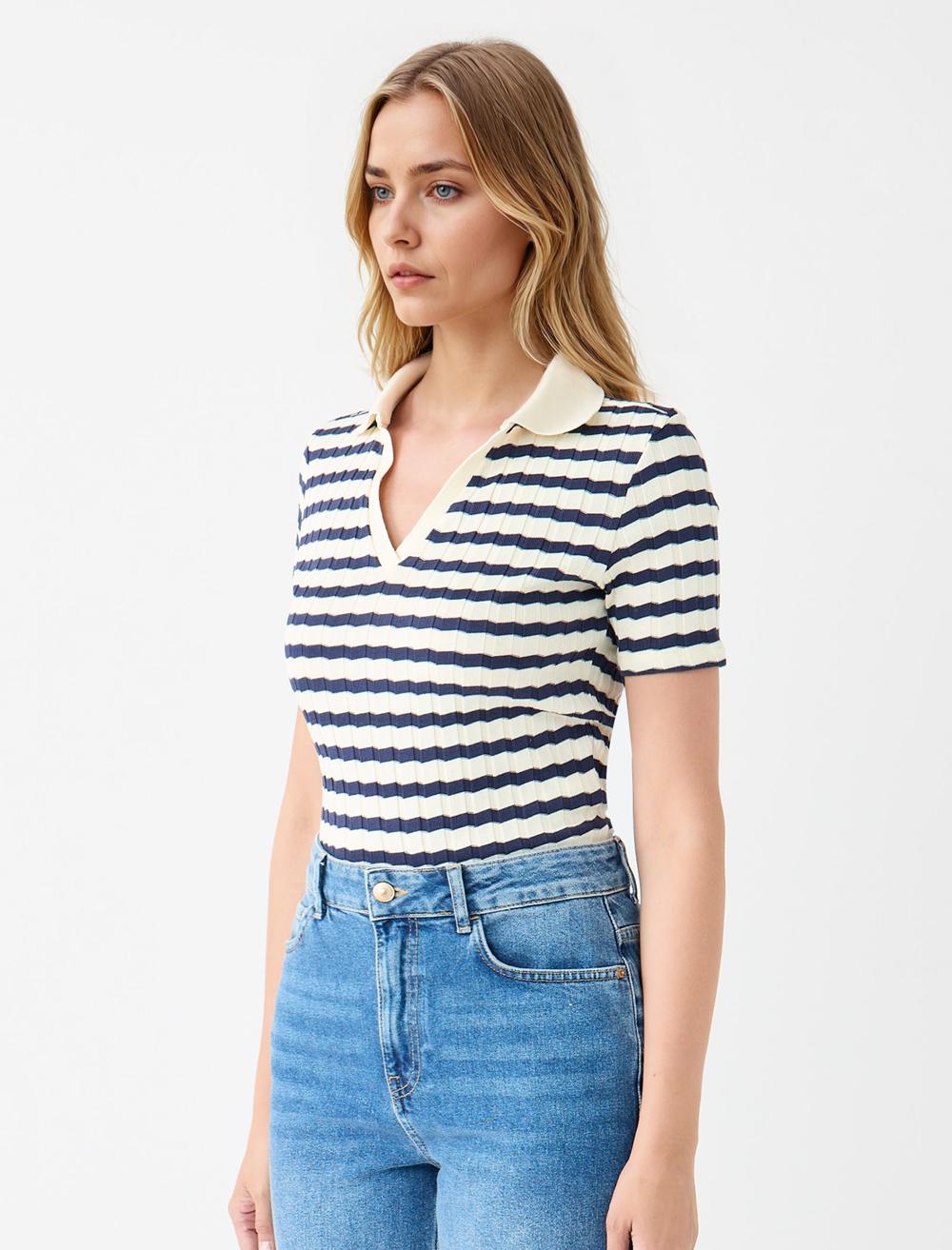 Slim Fit Shirt Collar Short-Sleeve Blouse - Dark Blue - 5WW035264494