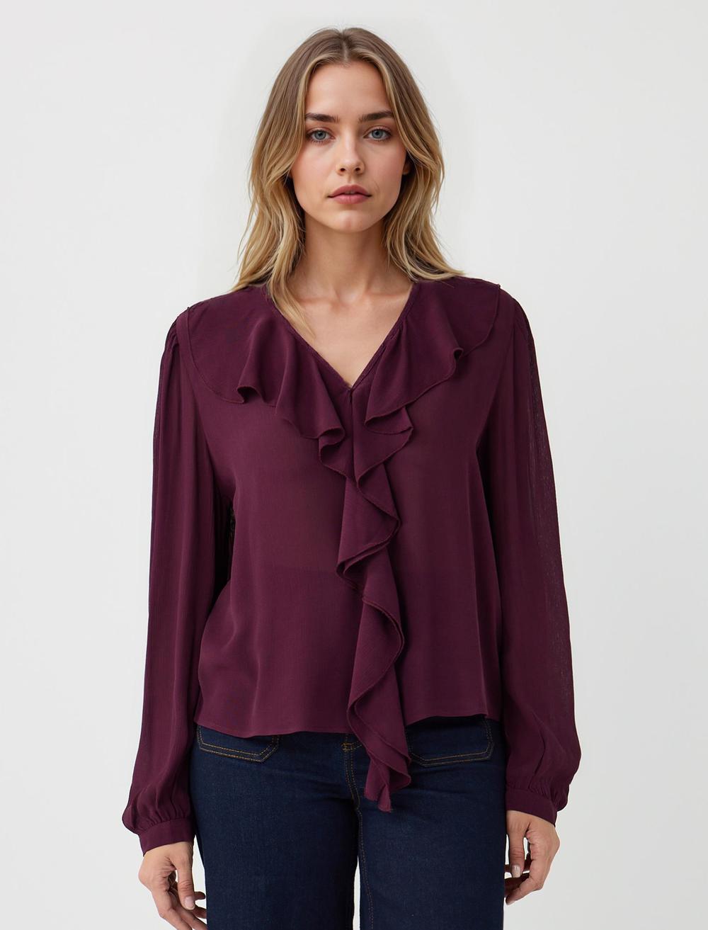 Loose Fit V-Neck Long-Sleeve Blouse - 5WW035362