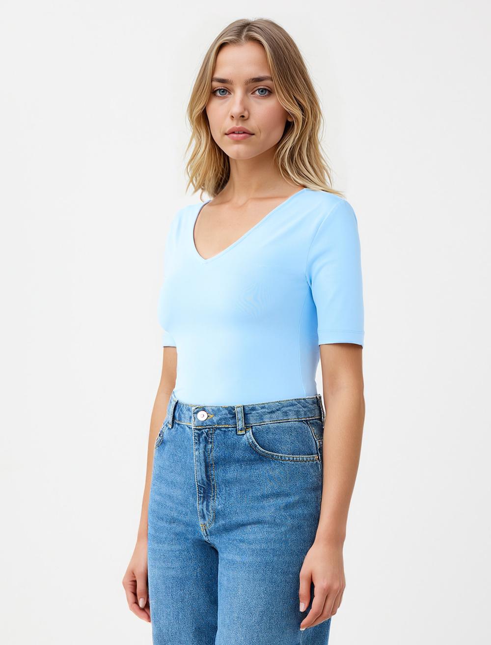 Slim Fit V-Neck Blouse - Blue - 5WW035578400