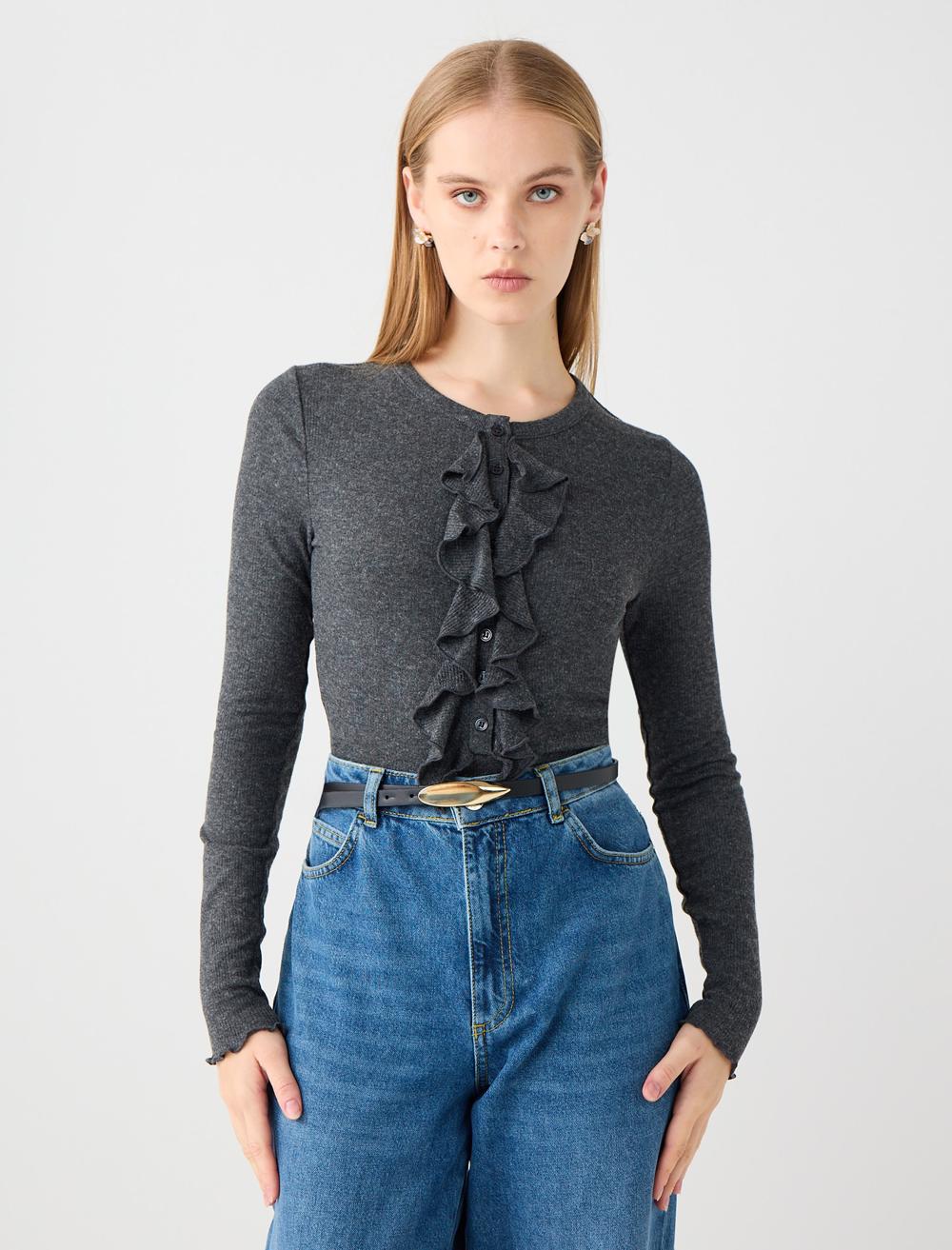 Slim Fit Crew Neck Long-Sleeve Blouse - 5WW035683
