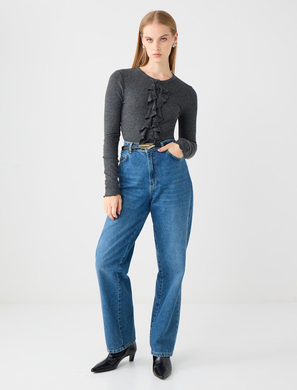 Slim Fit Crew Neck Long-Sleeve Blouse - Anthracite - 5WW035683971