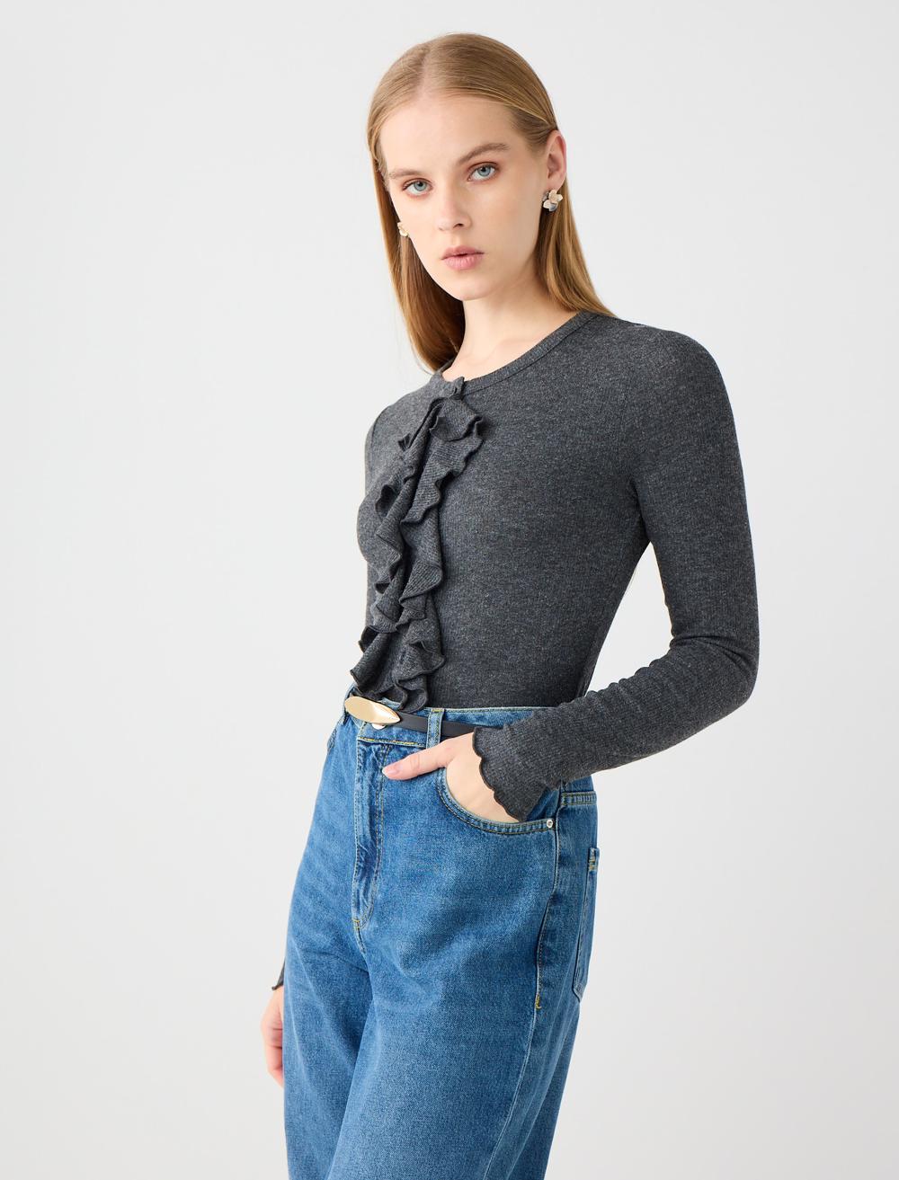 Slim Fit Crew Neck Long-Sleeve Blouse - Anthracite - 5WW035683971