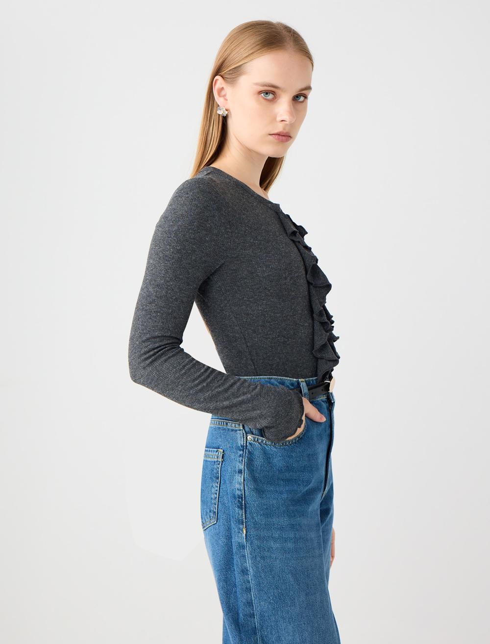 Slim Fit Crew Neck Long-Sleeve Blouse - Anthracite - 5WW035683971