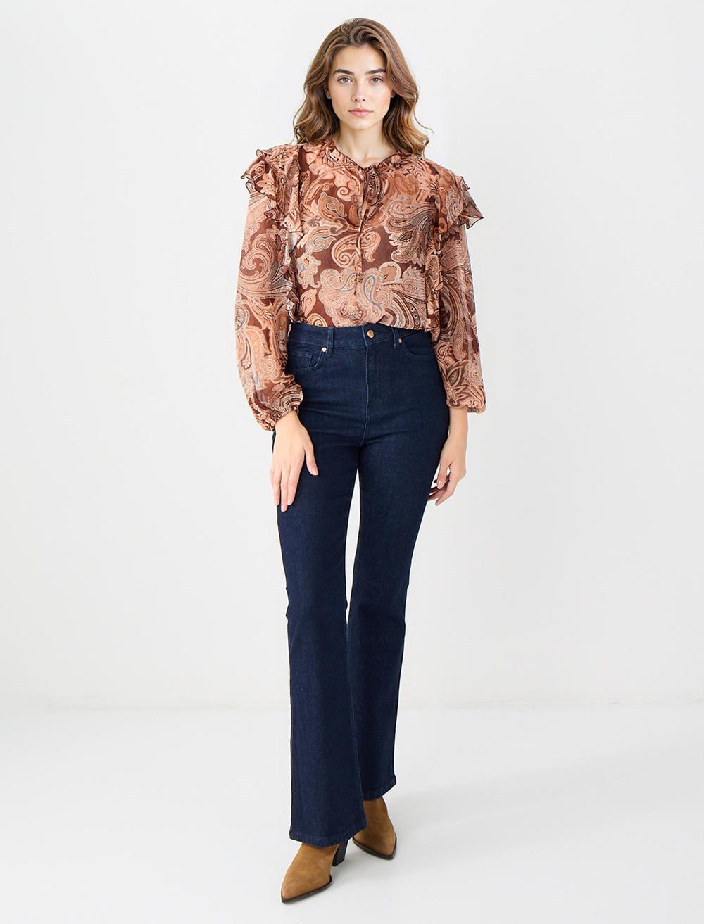 Crew Neck Long-Sleeve Blouse - Brown - 5WW035742800
