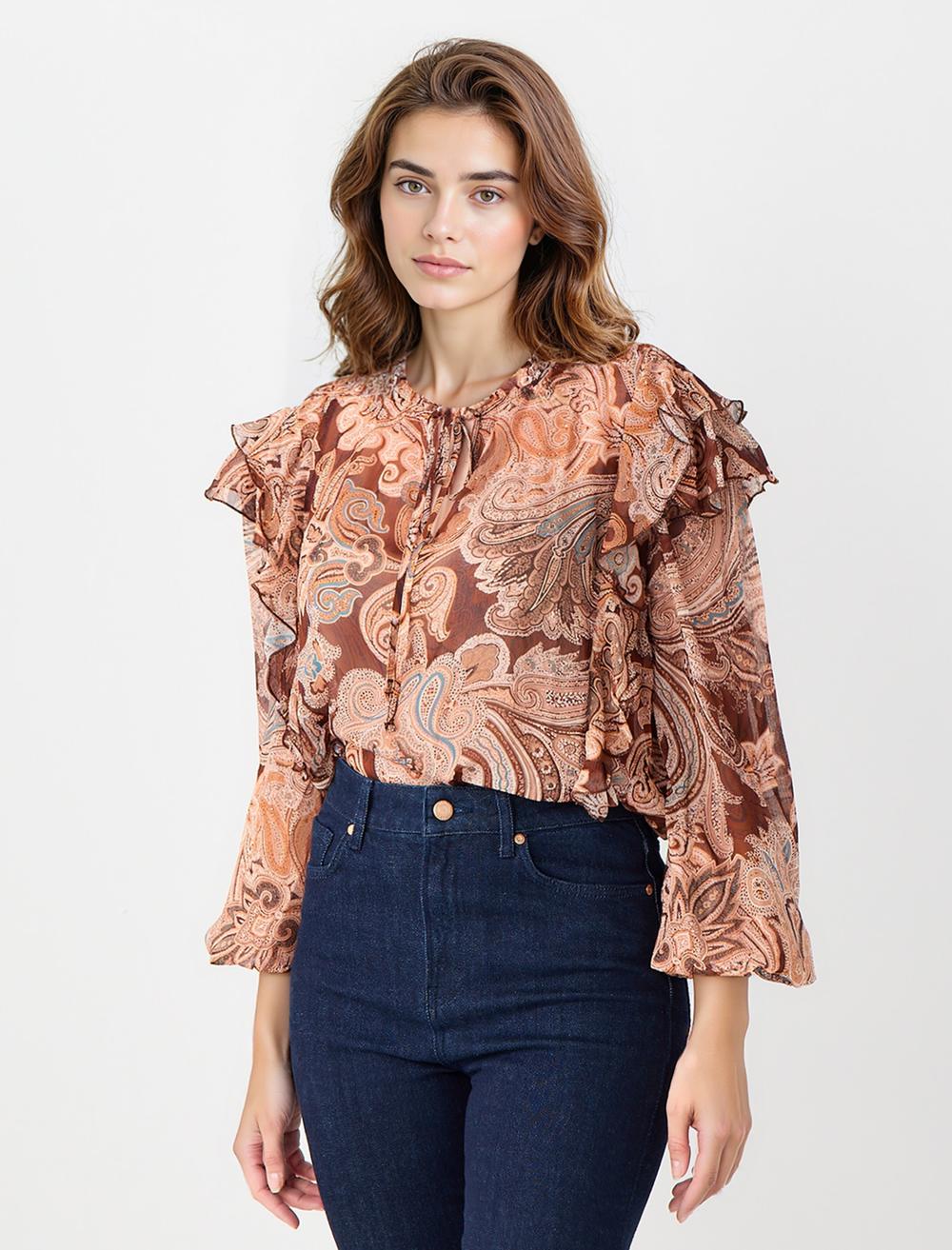 Crew Neck Long-Sleeve Blouse - Brown - 5WW035742800