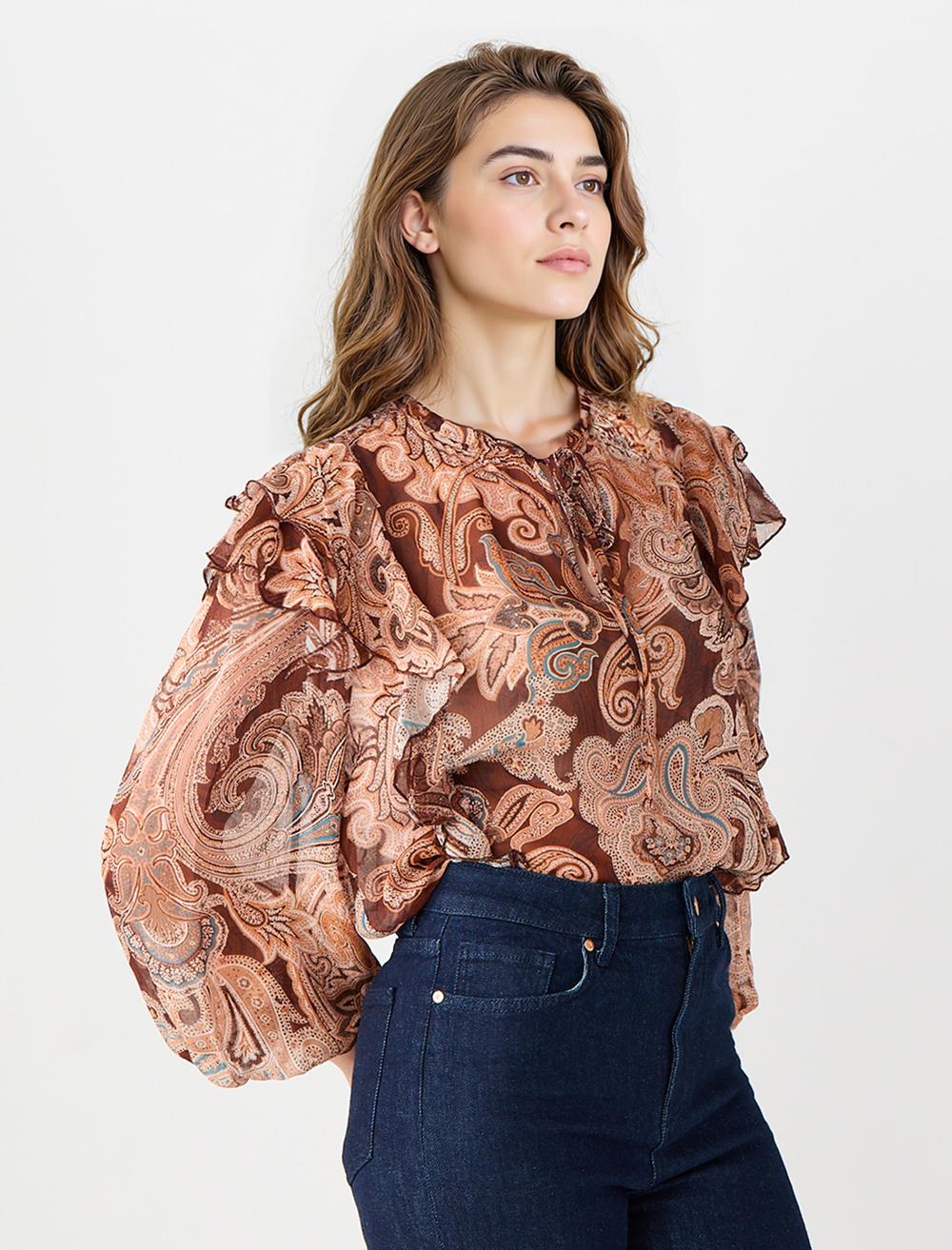 Crew Neck Long-Sleeve Blouse - Brown - 5WW035742800