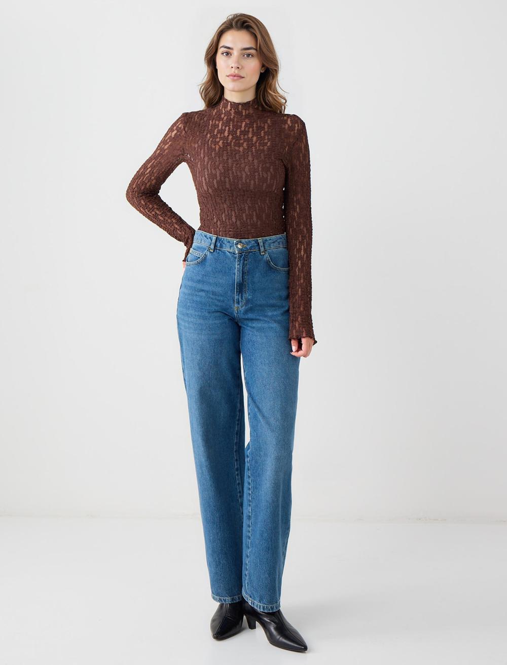 Slim Fit Long-Sleeve Blouse - Bitter Brown - 5WW035748803