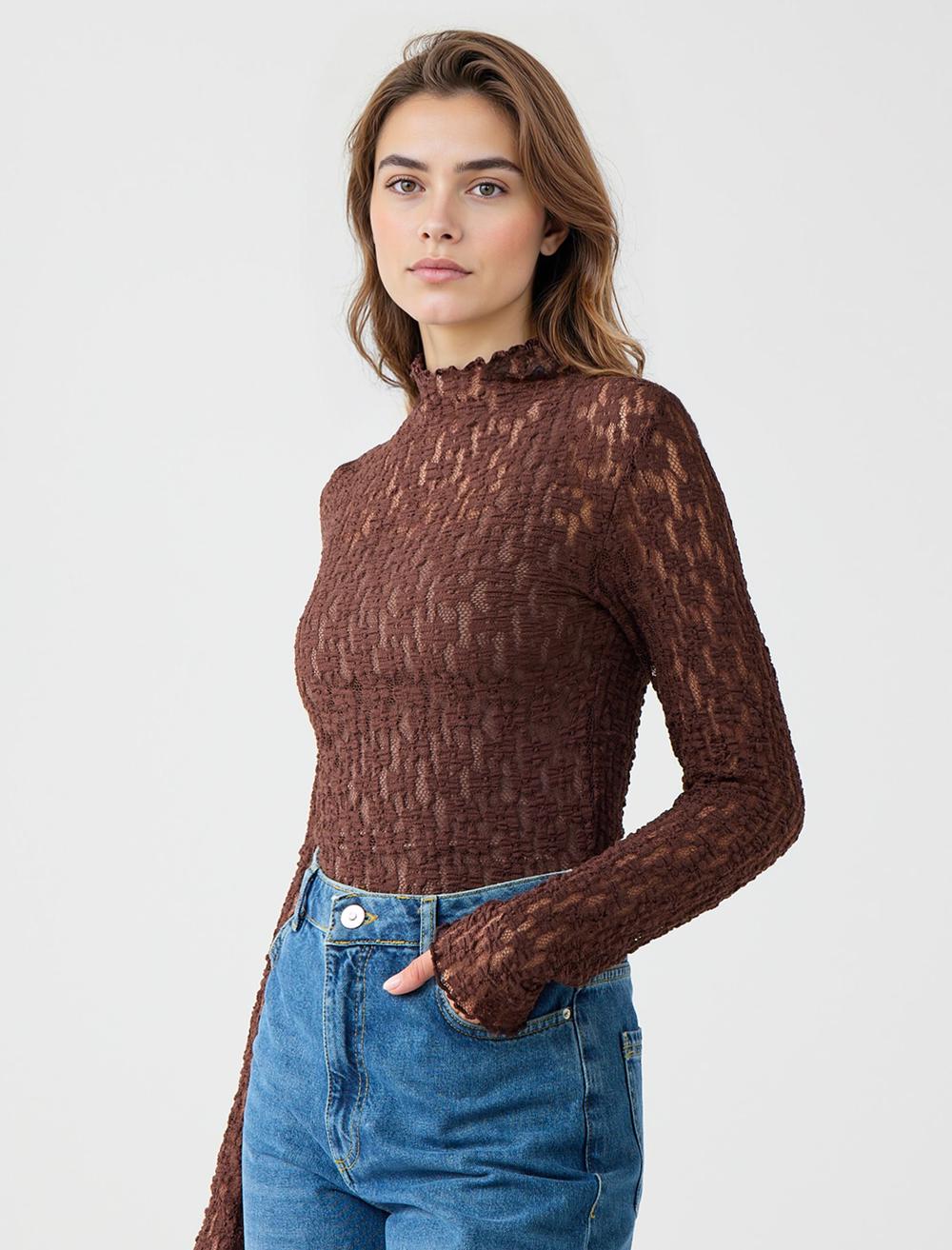 Slim Fit Long-Sleeve Blouse - Bitter Brown - 5WW035748803