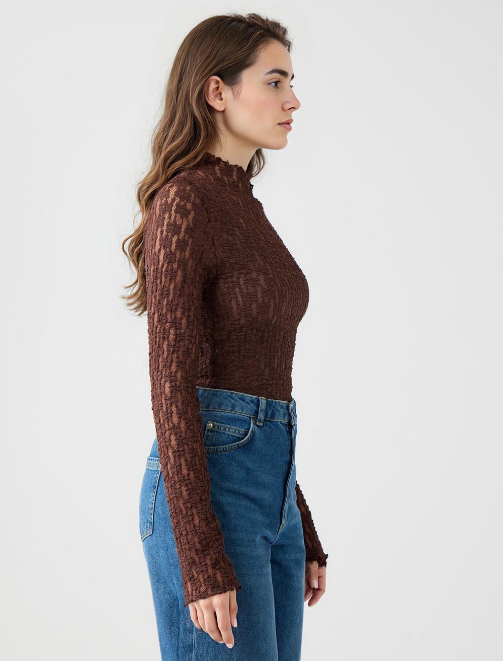 Slim Fit Long-Sleeve Blouse - Bitter Brown - 5WW035748803