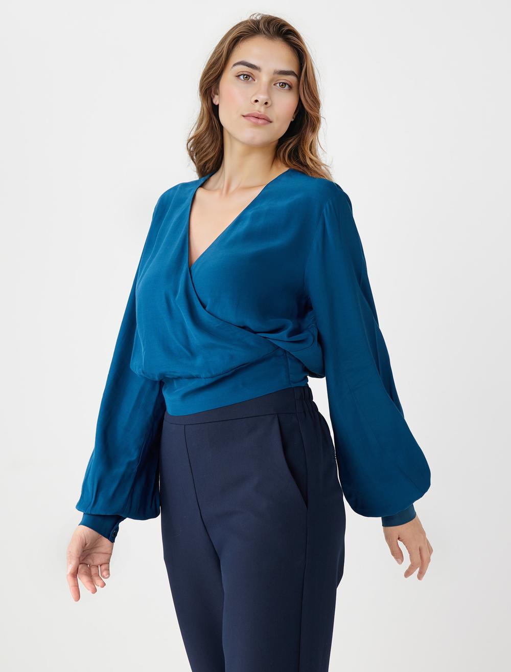 Loose Fit Long-Sleeve Blouse - Dark Blue - 5WW036076427