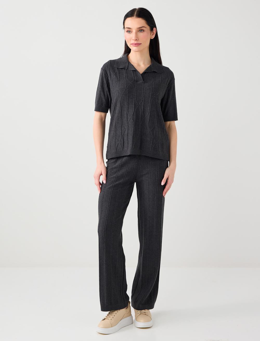 Shirt Collar Short Sleeve Knitted Blouse - Anthracite - 6SW032209971