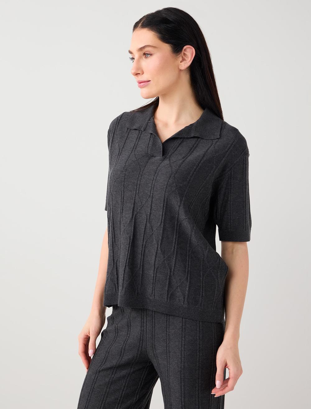 Shirt Collar Short Sleeve Knitted Blouse - Anthracite - 6SW032209971