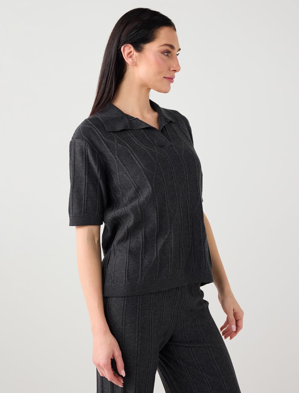 Shirt Collar Short Sleeve Knitted Blouse - Anthracite - 6SW032209971