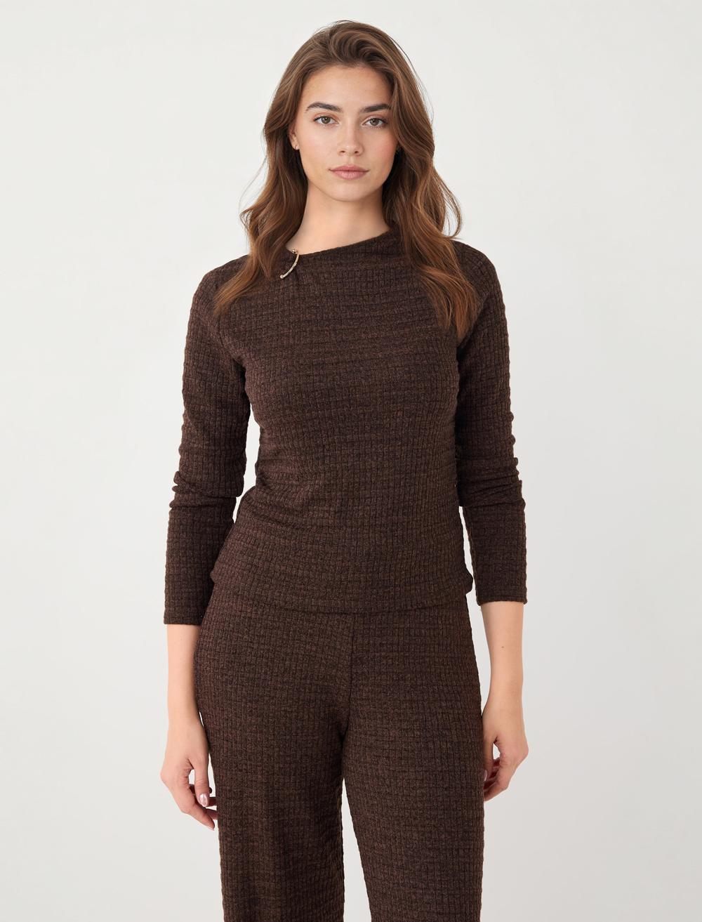 Rounded Neck Long Sleeve Metal Detailed Blouse