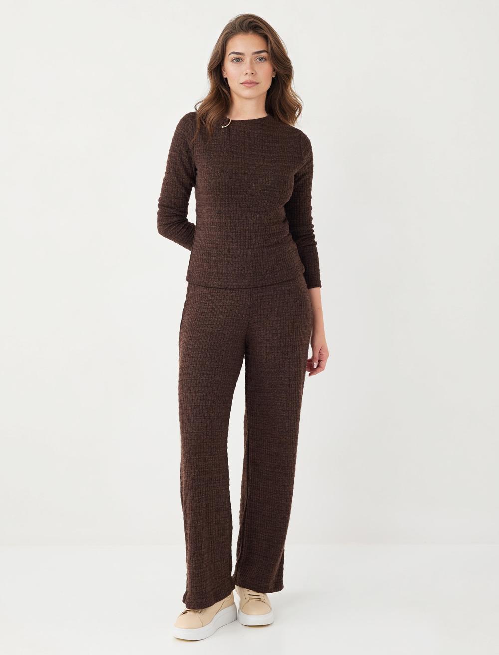 Slim Fit Crew Neck Textured Blouse - Brown Melange - 6SW033726819