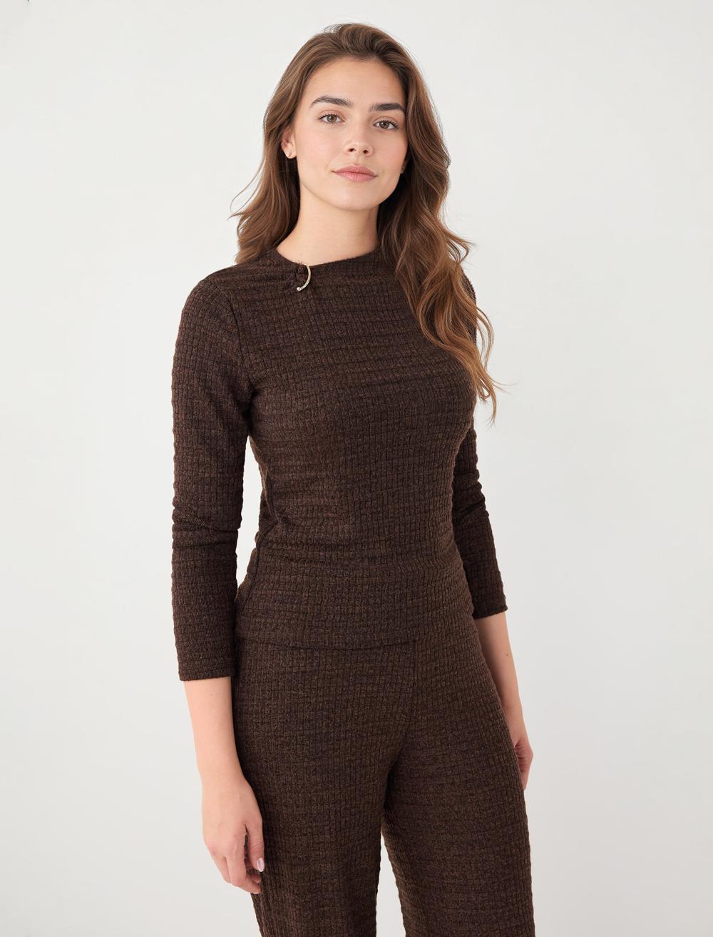 Slim Fit Crew Neck Textured Blouse - Brown Melange - 6SW033726819