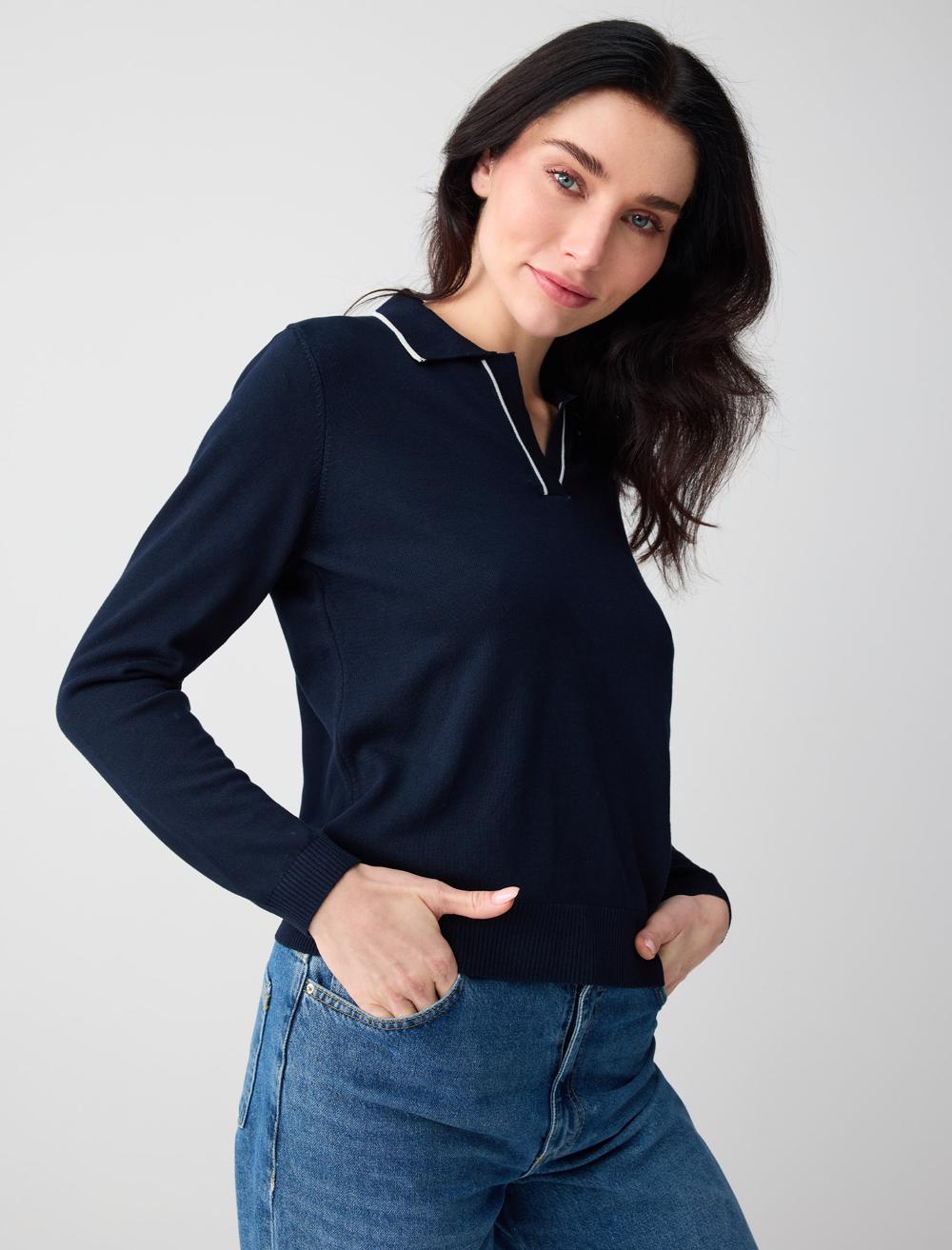Polo Collar Long Sleeve Viscose Blouse - 6SW035434