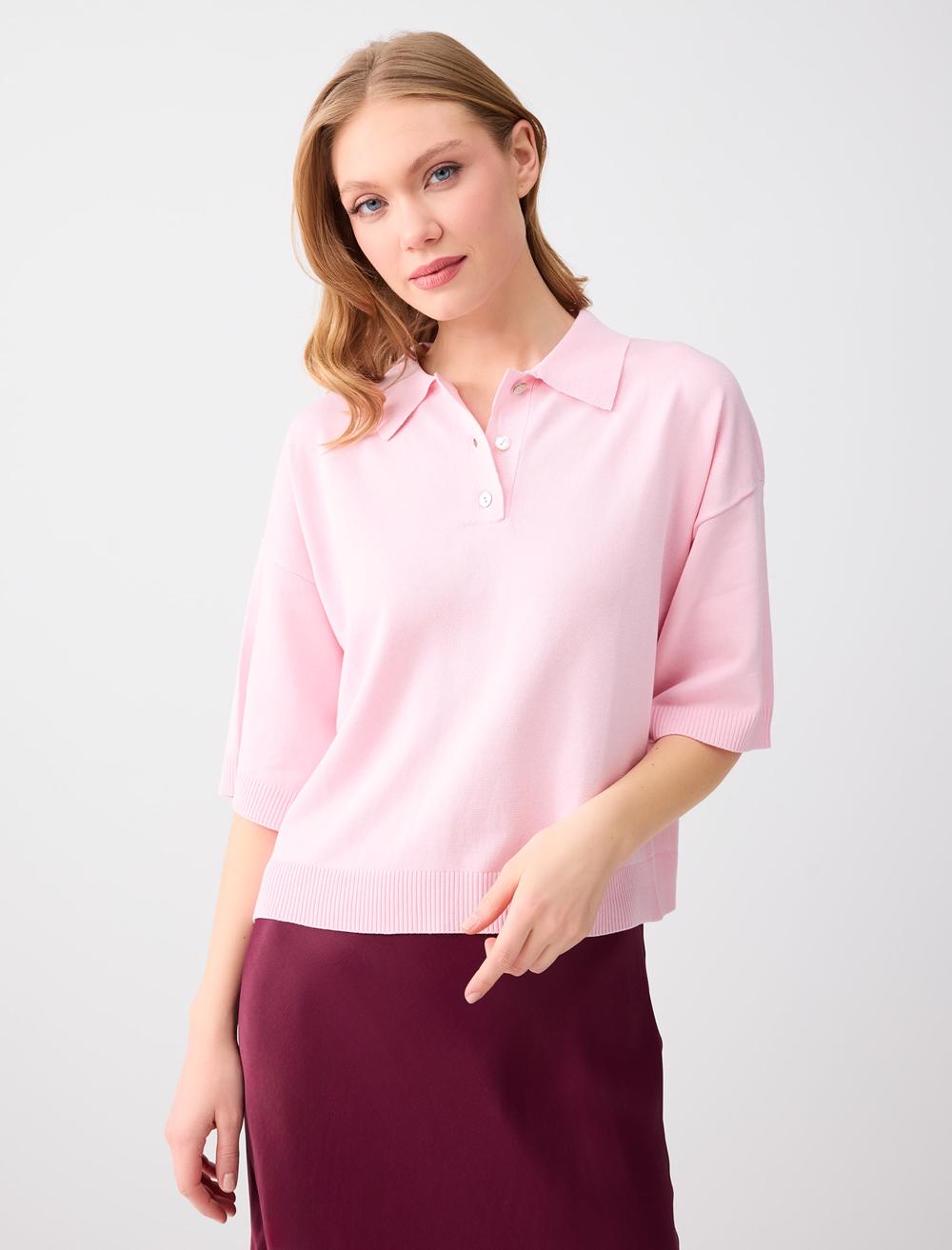 Polo Collar Relaxed Fit Viscose Blouse - Pink