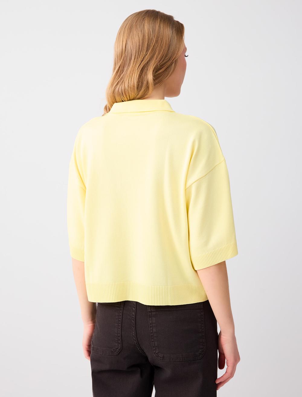 Comfortable Cut Polo Neck Elbow Sleeve Knit Blouse
