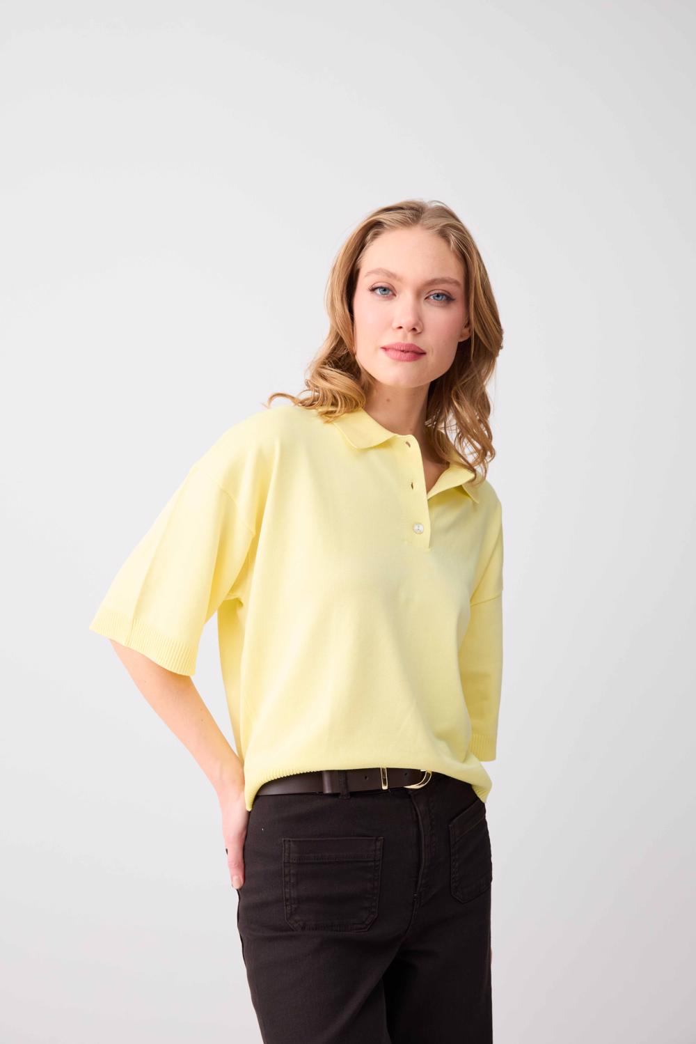 Comfortable Cut Polo Neck Elbow Sleeve Knit Blouse