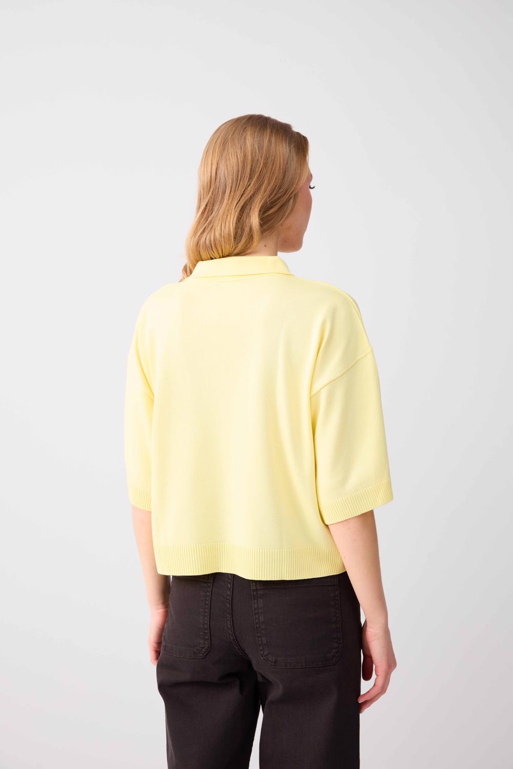 Comfortable Cut Polo Neck Elbow Sleeve Knit Blouse
