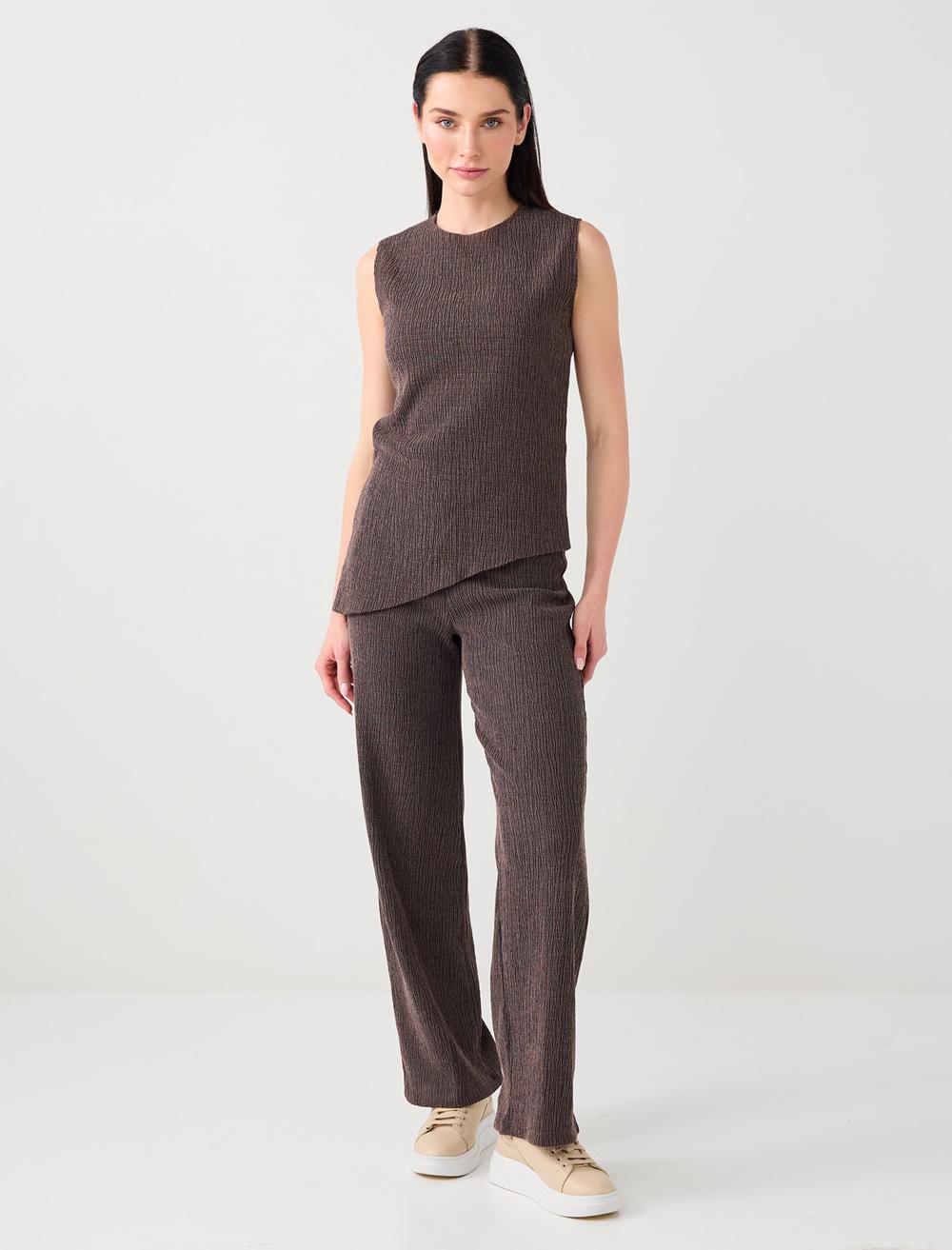 Crew Neck Textured Cotton Blend Blouse - Brown Melange - 6SW035484819