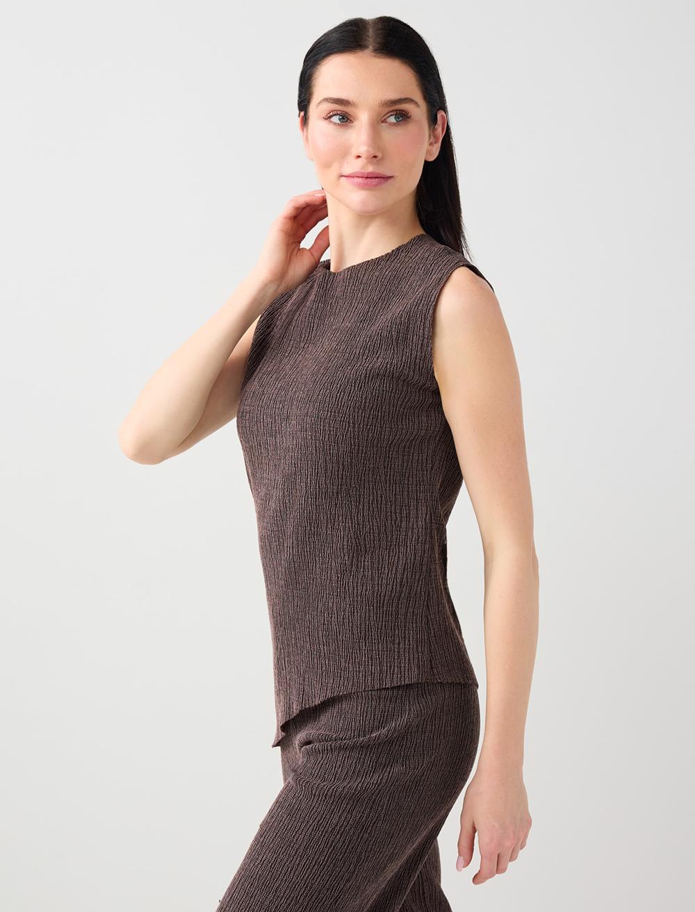 Crew Neck Textured Cotton Blend Blouse - Brown Melange - 6SW035484819
