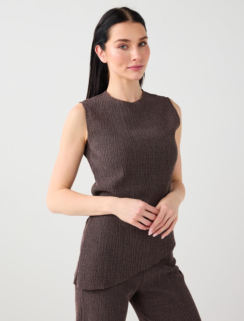 Crew Neck Textured Cotton Blend Blouse - Brown Melange - 6SW035484819
