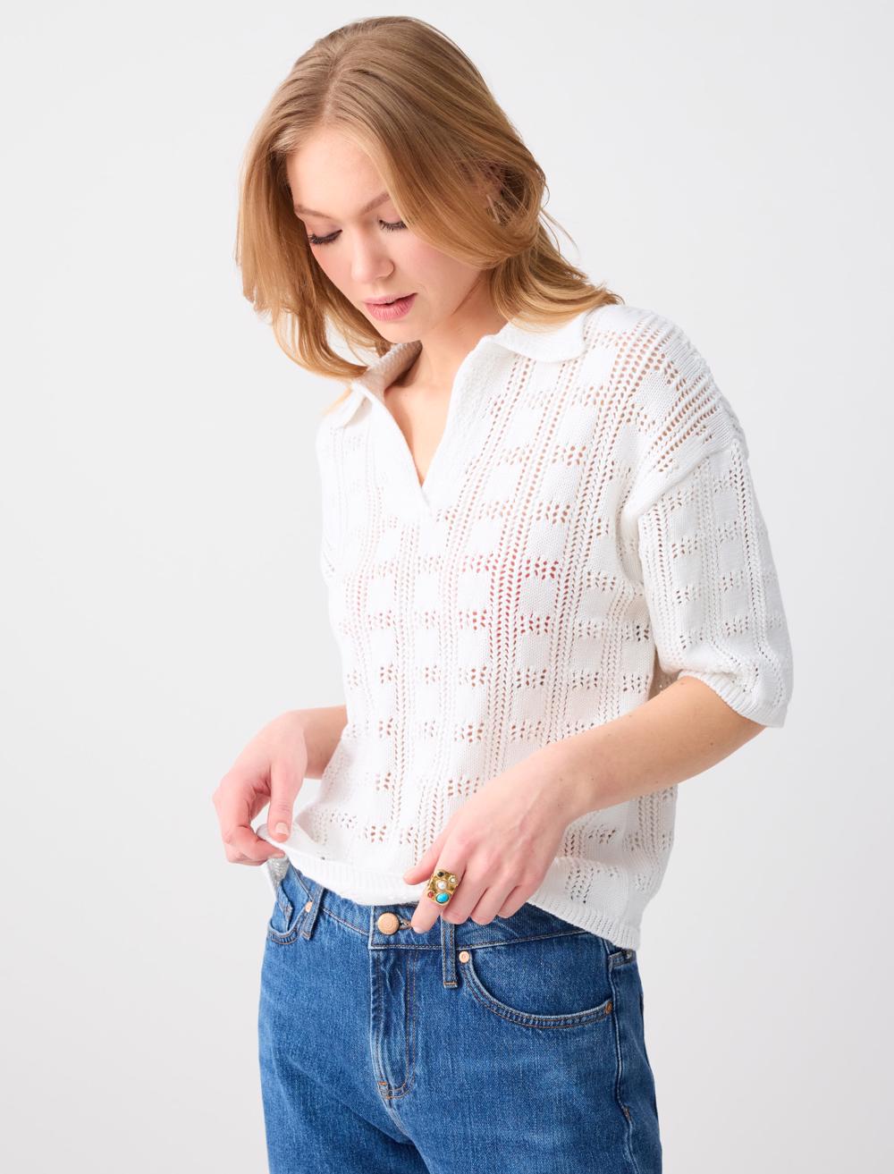 Short Sleeve Open-Knit Top with Collar
