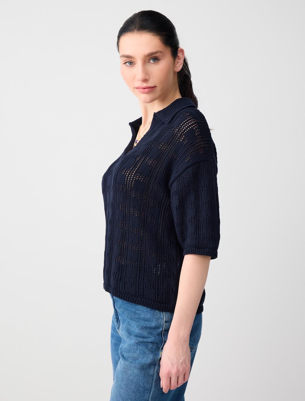 Polo Collar Relaxed Fit Acrylic Blouse - Dark Blue